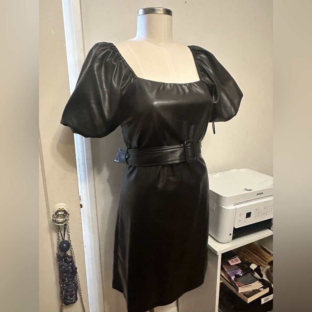 Lucy Paris black PU leather puff sleeve dress NWT